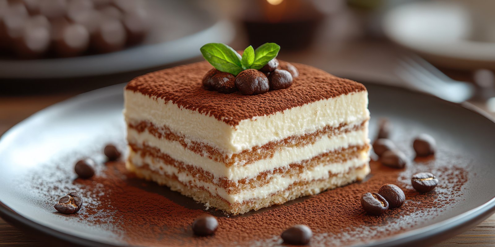 Delicious tiramisu dessert garnished with coffee beans and mint on a black plate